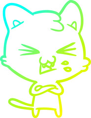 cold gradient line drawing of a cartoon cat hissing