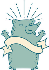 scroll banner with tattoo style happy bear