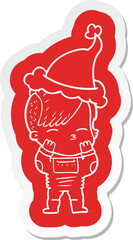 quirky cartoon  sticker of a girl wearing futuristic clothes wearing santa hat
