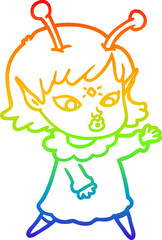 rainbow gradient line drawing of a pretty cartoon alien girl