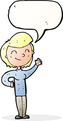 cartoon friendly waving woman with speech bubble