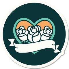 sticker of tattoo in traditional style of a heart and banner with flowers