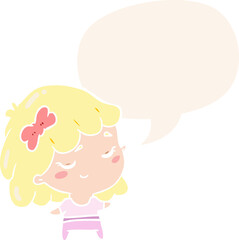 cute cartoon happy girl with speech bubble in retro style