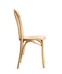 Light brown wooden chair on white background, side view