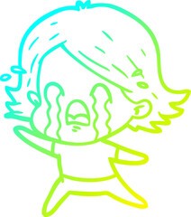 cold gradient line drawing of a cartoon woman crying