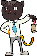 cartoon business cat with dead mouse