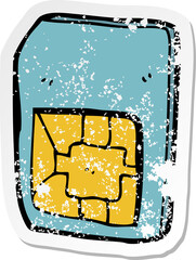 retro distressed sticker of a cartoon sim card