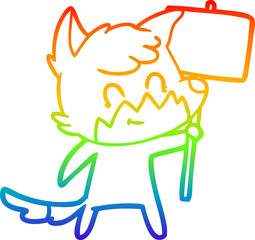 rainbow gradient line drawing of a cartoon friendly fox with sign
