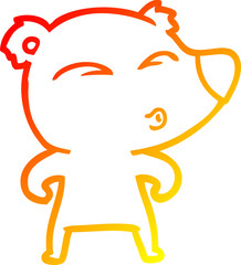 warm gradient line drawing of a cartoon whistling bear