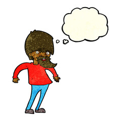 cartoon bearded man shrugging shoulders with thought bubble