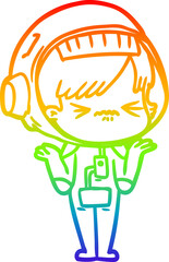 rainbow gradient line drawing of a cartoon astronaut woman