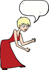 cartoon woman in dress gesturing with speech bubble