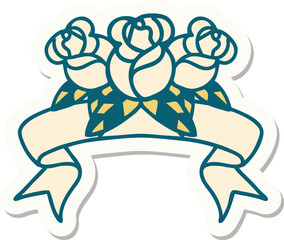 tattoo style sticker with banner of a bouquet of flowers