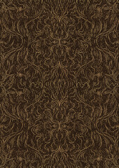 Hand-drawn unique abstract symmetrical seamless gold ornament with golden glittery splatter on a dark brown background. Paper texture. Digital artwork, A4. (pattern: p11-1d)