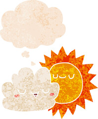 cartoon sun and cloud with thought bubble in grunge distressed retro textured style