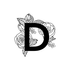Flower font alphabet, doddle letter D. Luxury wedding invitation flowers letters. Laser cut template. Initial monogram letter. May be used for logo or paper cutting.
