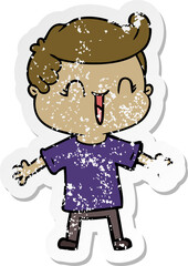 distressed sticker of a cartoon laughing boy