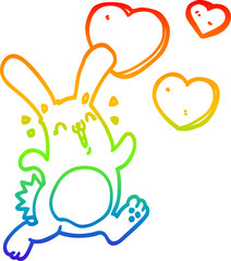 rainbow gradient line drawing of a cartoon rabbit in love
