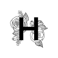 Flower font alphabet, doddle letter H. Luxury wedding invitation flowers letters. Laser cut template. Initial monogram letter. May be used for logo or paper cutting.
