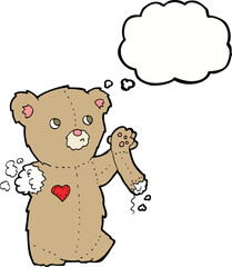 cartoon teddy bear with torn arm with thought bubble