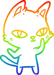 rainbow gradient line drawing of a cartoon cat staring