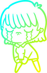 cold gradient line drawing of a cartoon woman crying
