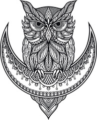 Mandala Owl. Tattoo, intricate design and decor element, for coloring book pages. Highly detailed and accurate lines for print or engraving