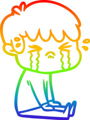 rainbow gradient line drawing of a cartoon boy crying