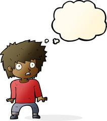 cartoon frightened boy with thought bubble