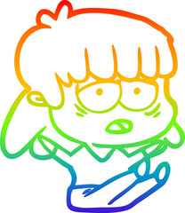 rainbow gradient line drawing of a cartoon tired woman