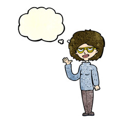 cartoon woman waving with thought bubble