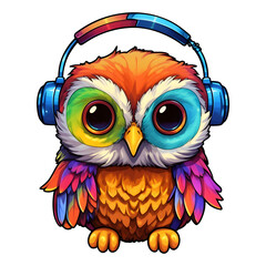 Colorful Owl Baby Wearing Headphone Illustration on Transparent Background, Ai Generated
