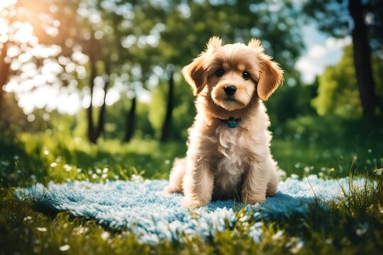 golden retriever puppy sitting on the carpet in the park