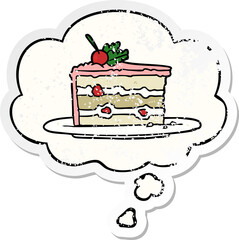 cartoon dessert cake with thought bubble as a distressed worn sticker
