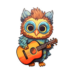 Cute Owl Baby Toddler Holding Guitar Illustration on Transparent Background, AI Generated