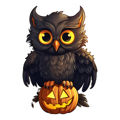 Black Owl Baby Toddler on Pumpkin illustration on Transparent Background, Ai Generated