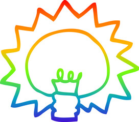 rainbow gradient line drawing of a cartoon shining light bulb