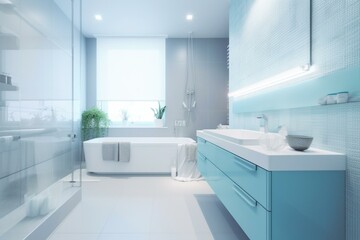 Fototapeta na wymiar Modern, blurred bathroom with white and light-blue tones. Generative AI