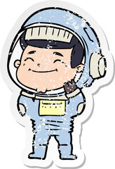 distressed sticker of a happy cartoon astronaut