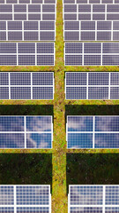 Aerial view of solar panel farm recharging solar energy at noon, ecology and sustainability theme