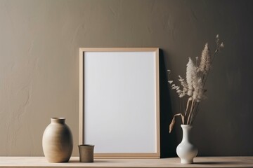 Simple frame with empty framed image, minimalistic decor, vacant room, table with vase. Generative AI