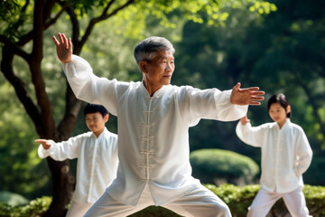 Asian family practicing Tai Chi in a peaceful park setting. Sport activities.