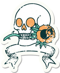 worn old sticker with banner of a skull and rose