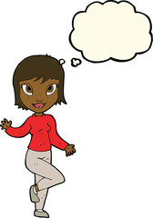 cartoon pretty woman waving with thought bubble