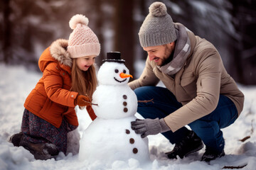 Father and daughter building a snowman during winter. Family traditions.