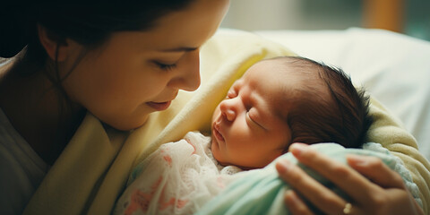 Obraz na płótnie Canvas Loving mother of newborn holding infant in hands.