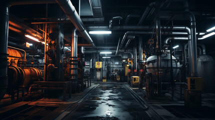 Industrial zone pipelines and pipes indoors. Engine Room in a ship. Inside a dark factory. Dark background steel, lights gas tanks. - obrazy, fototapety, plakaty
