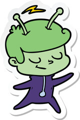 sticker of a friendly cartoon spaceman dancing