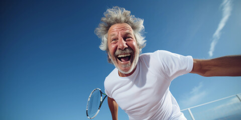 Happy elderly person doing sports. Smiling pensioner senior citizen enjoying playing tennis. Active lifestyle of 70 year old ageing in retirement.
