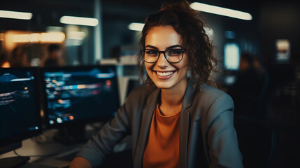 Portrait of smiling female professional Software developer with glasses in office. - obrazy, fototapety, plakaty